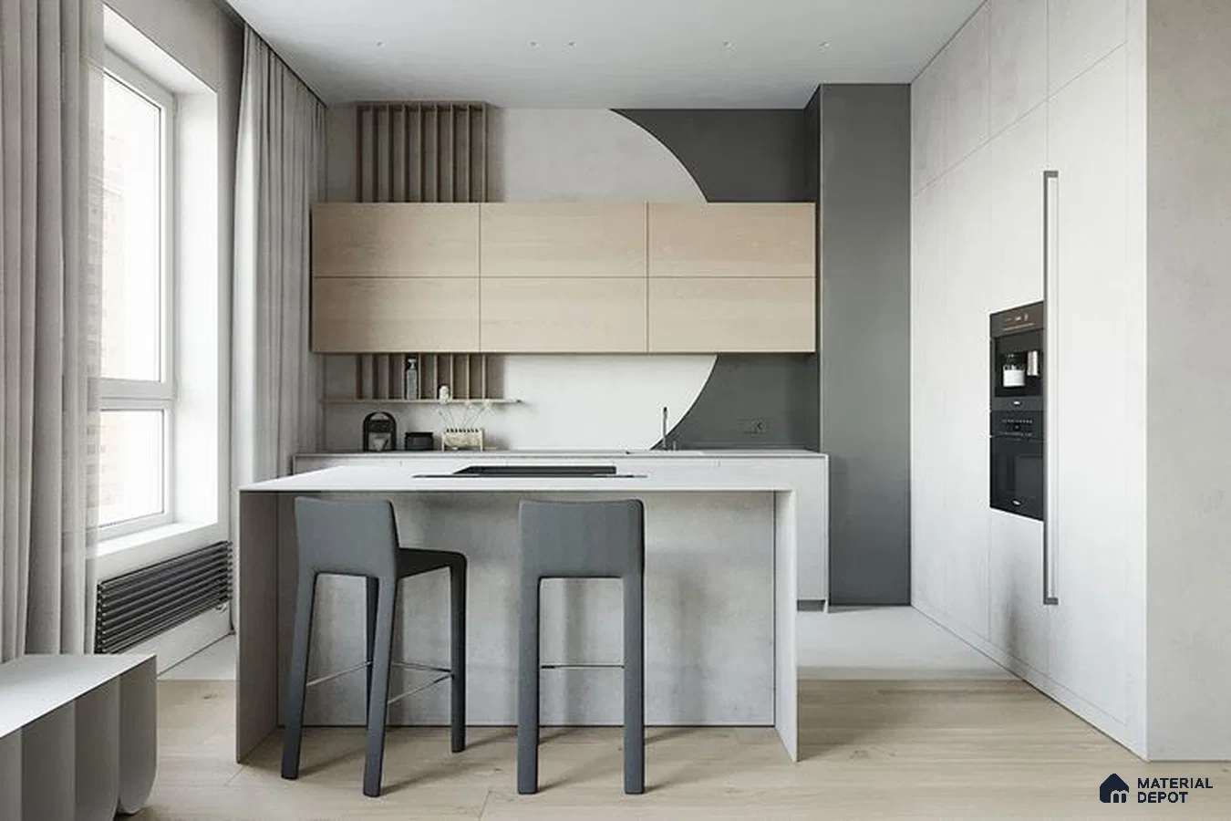 A kitchen with marble counter tops and stainless steel appliances on the wall, along with hanging lights hanging from the ceiling over the ceiling in front of a wooden counter top of a kitchen counter top space next to